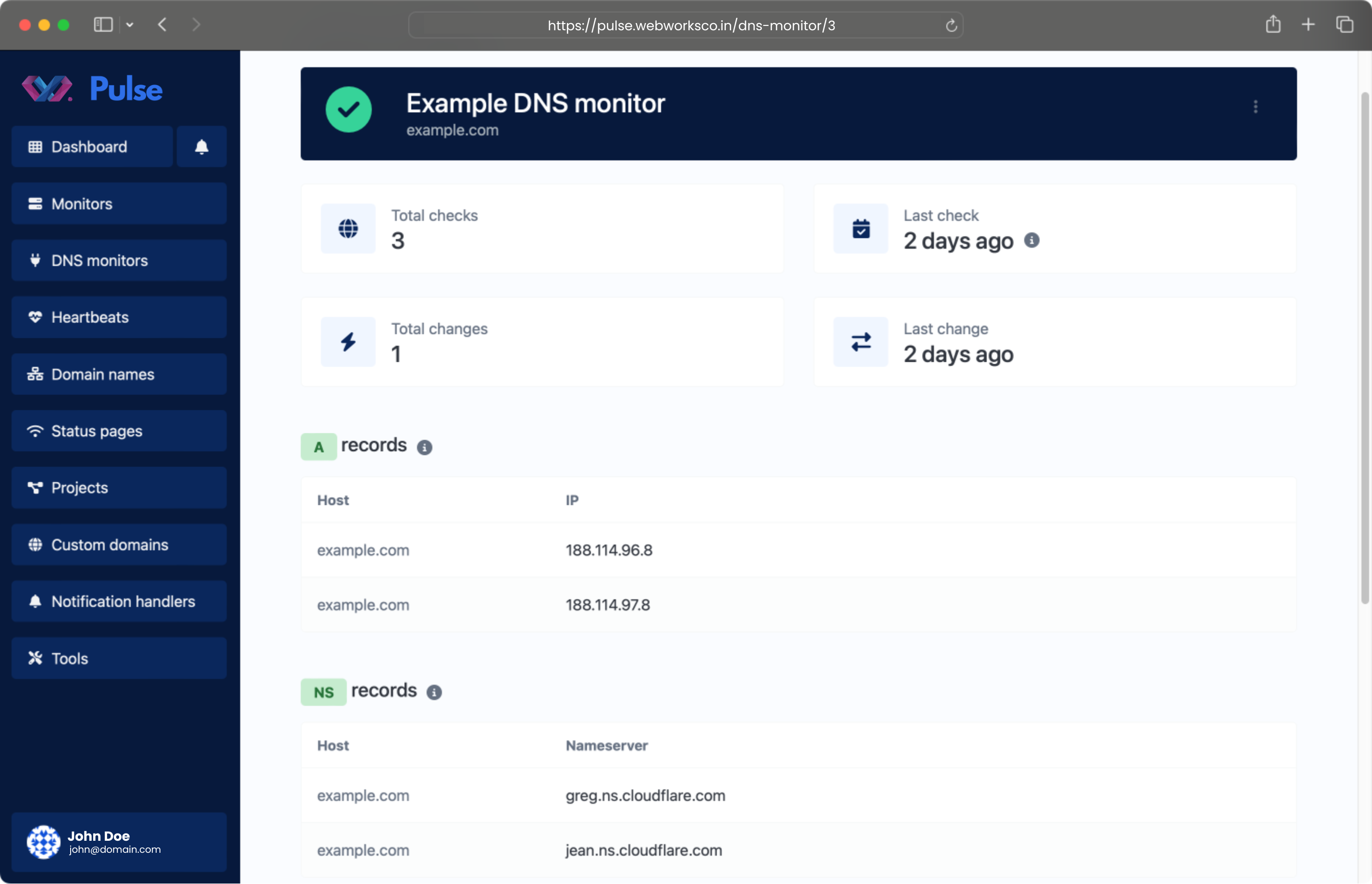 Screenshot of the app DNS monitor page
