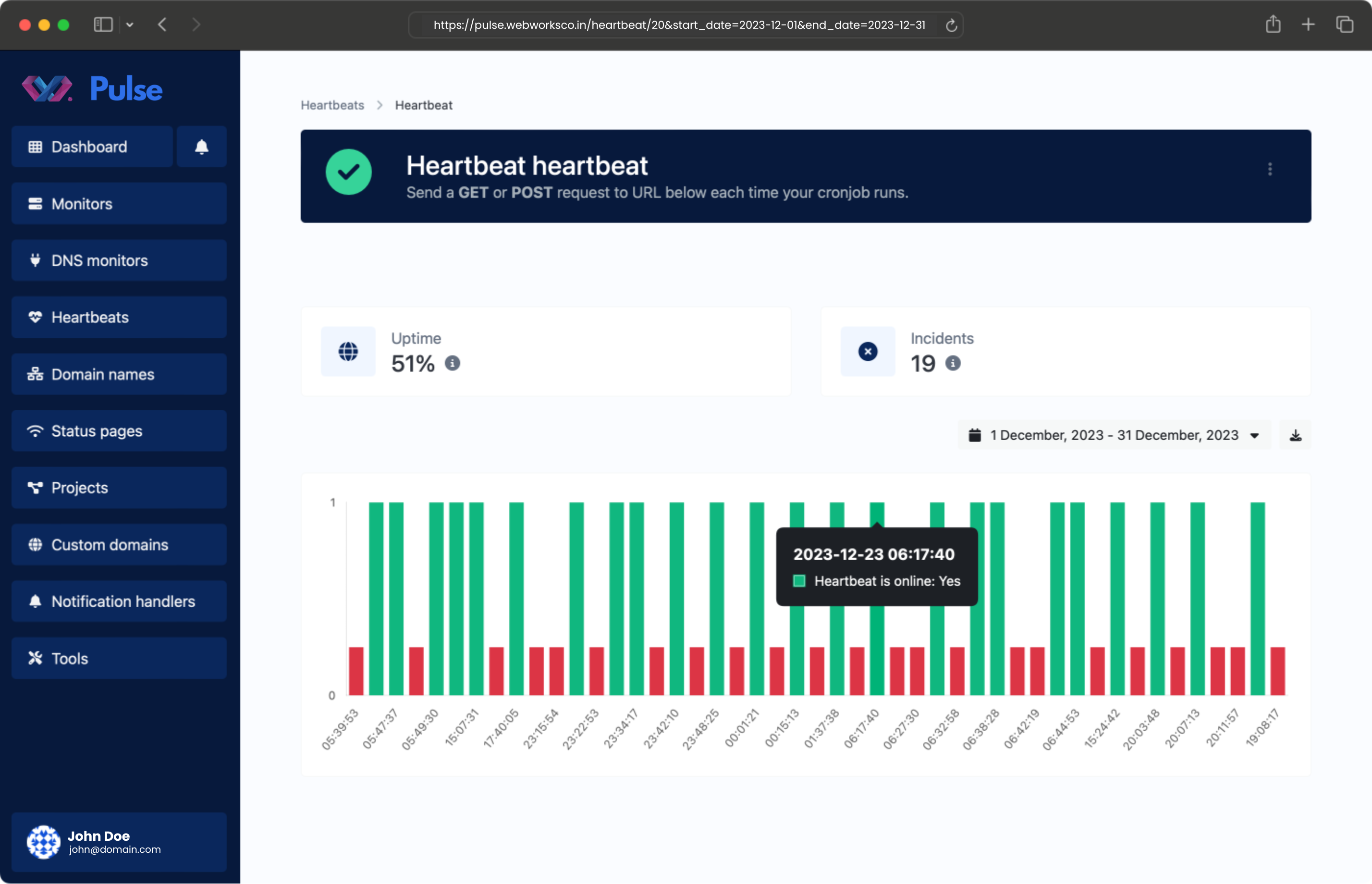 Screenshot of the app heartbeat monitor page