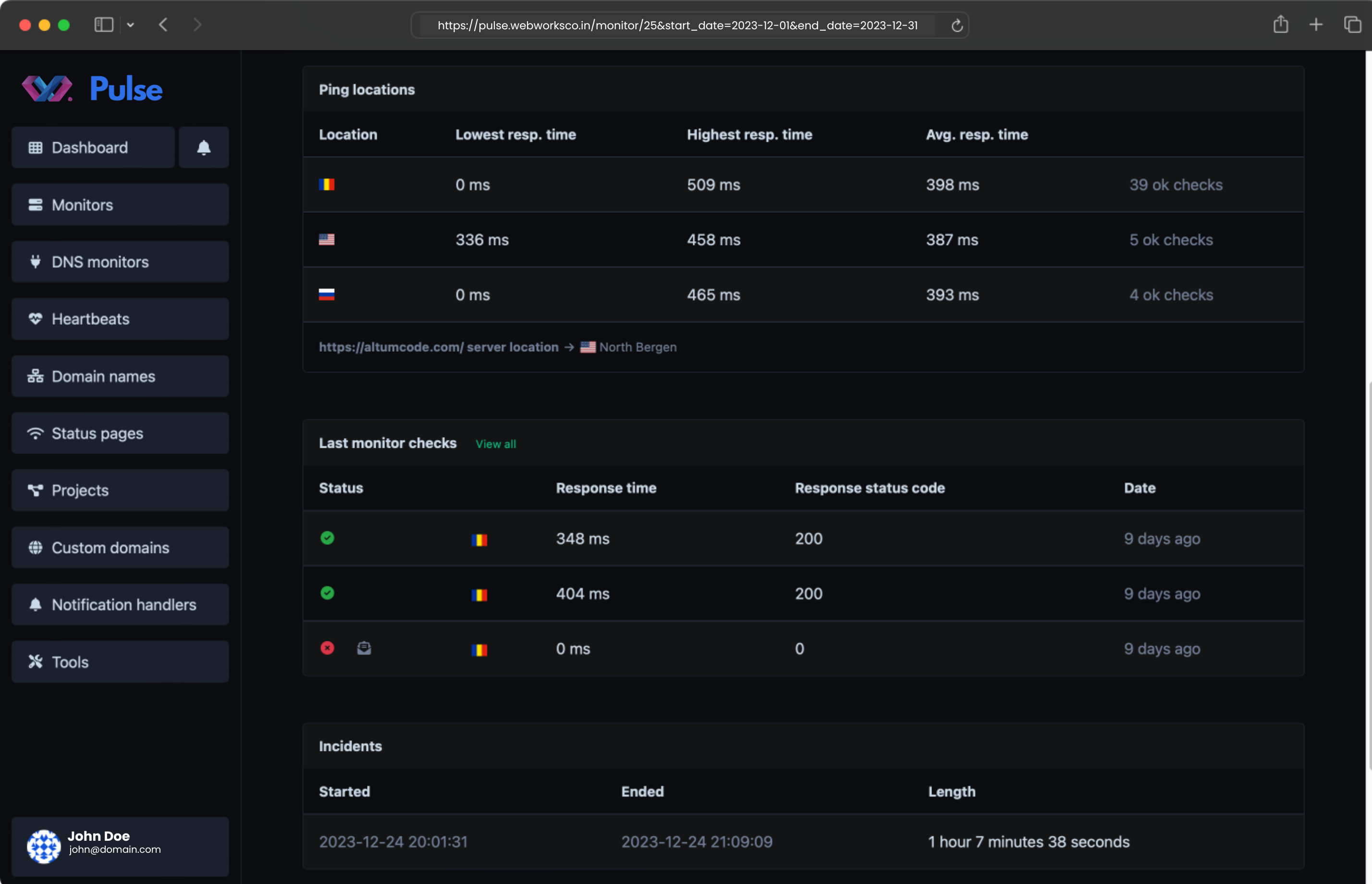 Screenshot of the app monitors incidents page