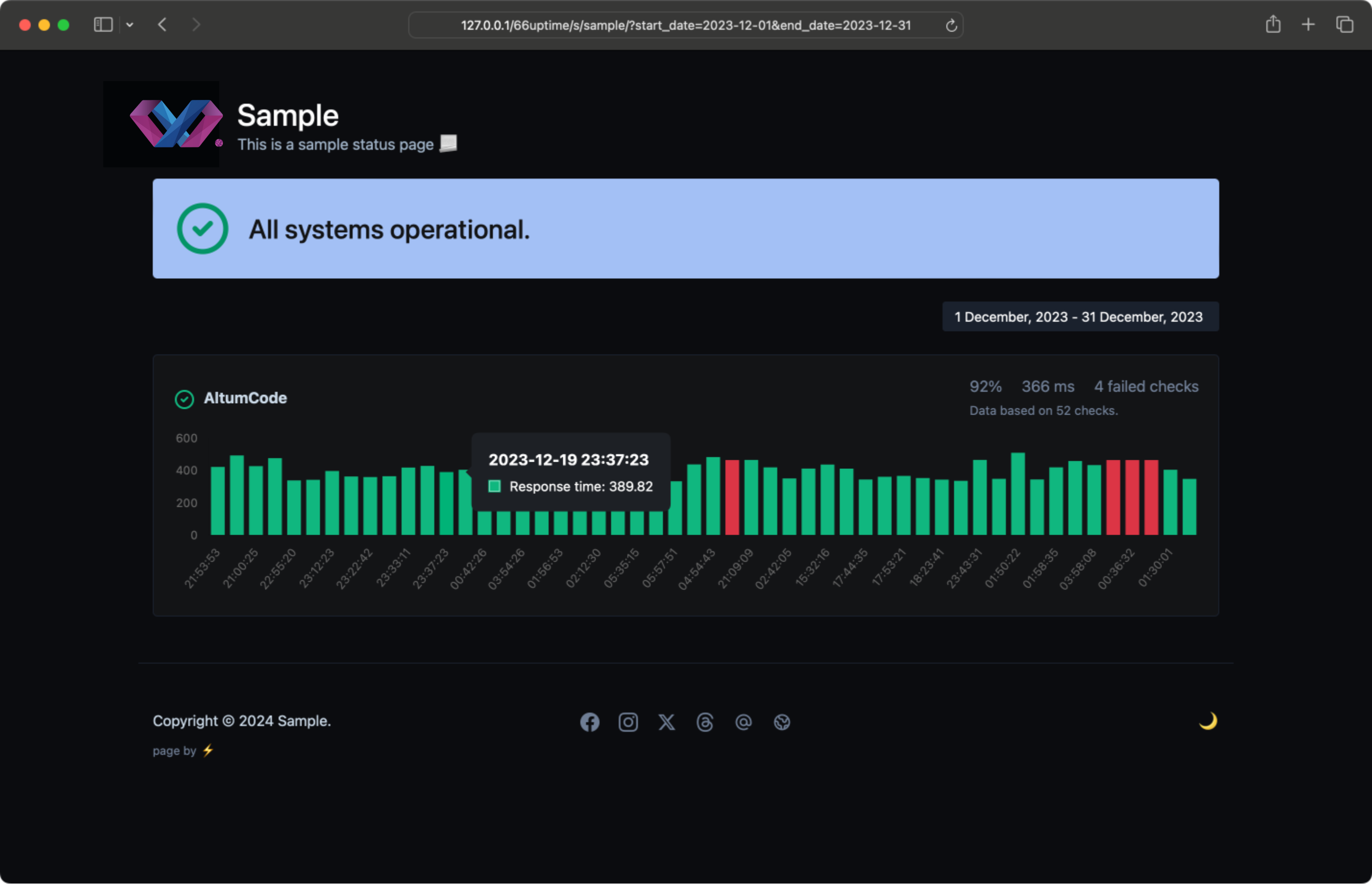 Screenshot of the app status page example